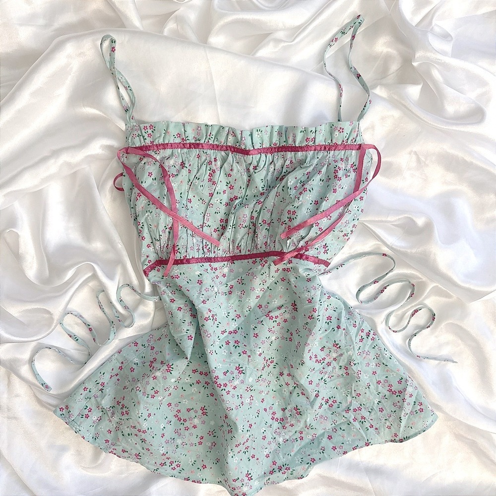 Angie Floral Babydoll Cami Top Blue Pink Ribbon Trim Cottagecore NWT Size L